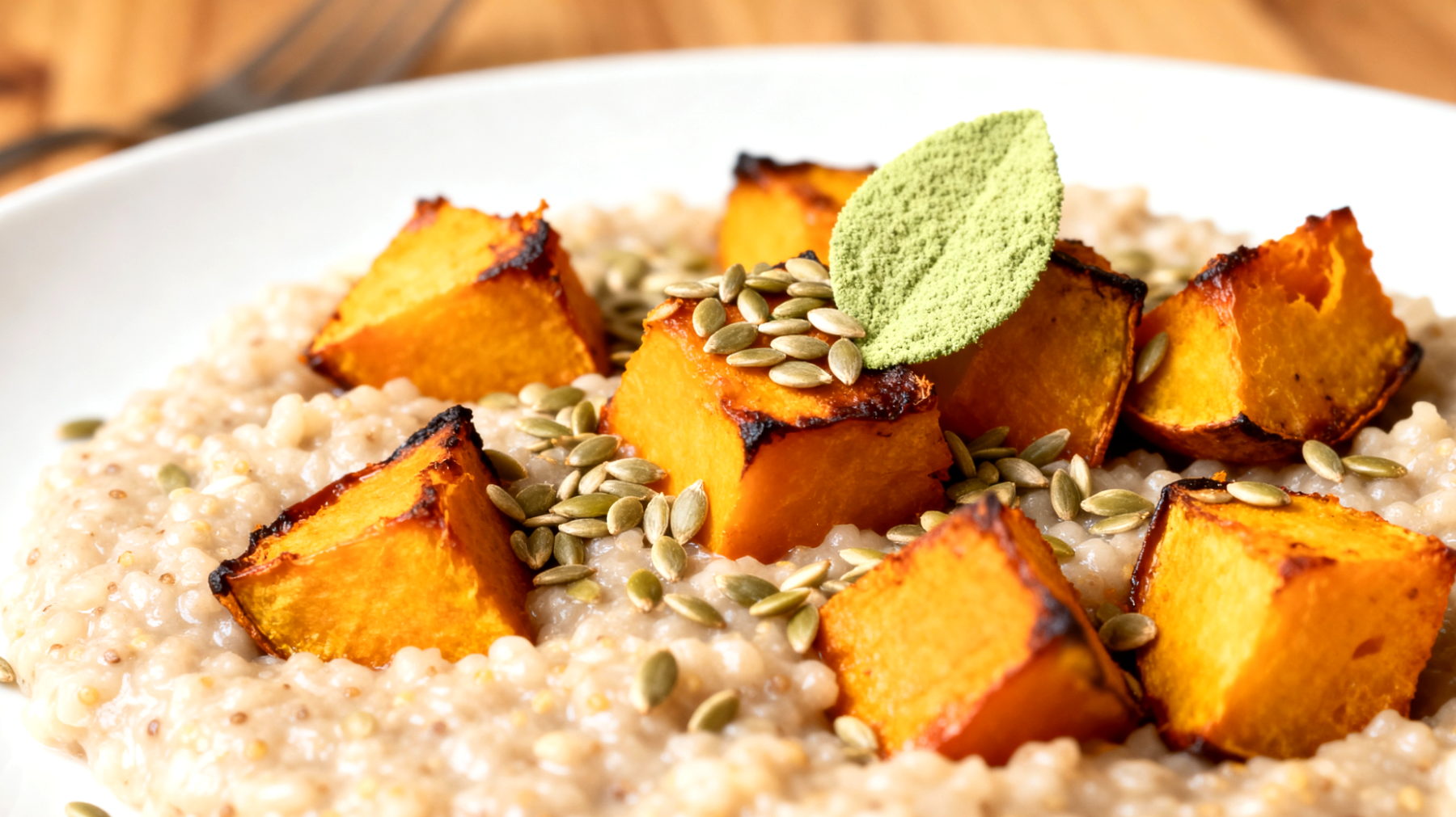 Amaranth-Kürbis-Risotto mit Hanfsamen und Spirulina"