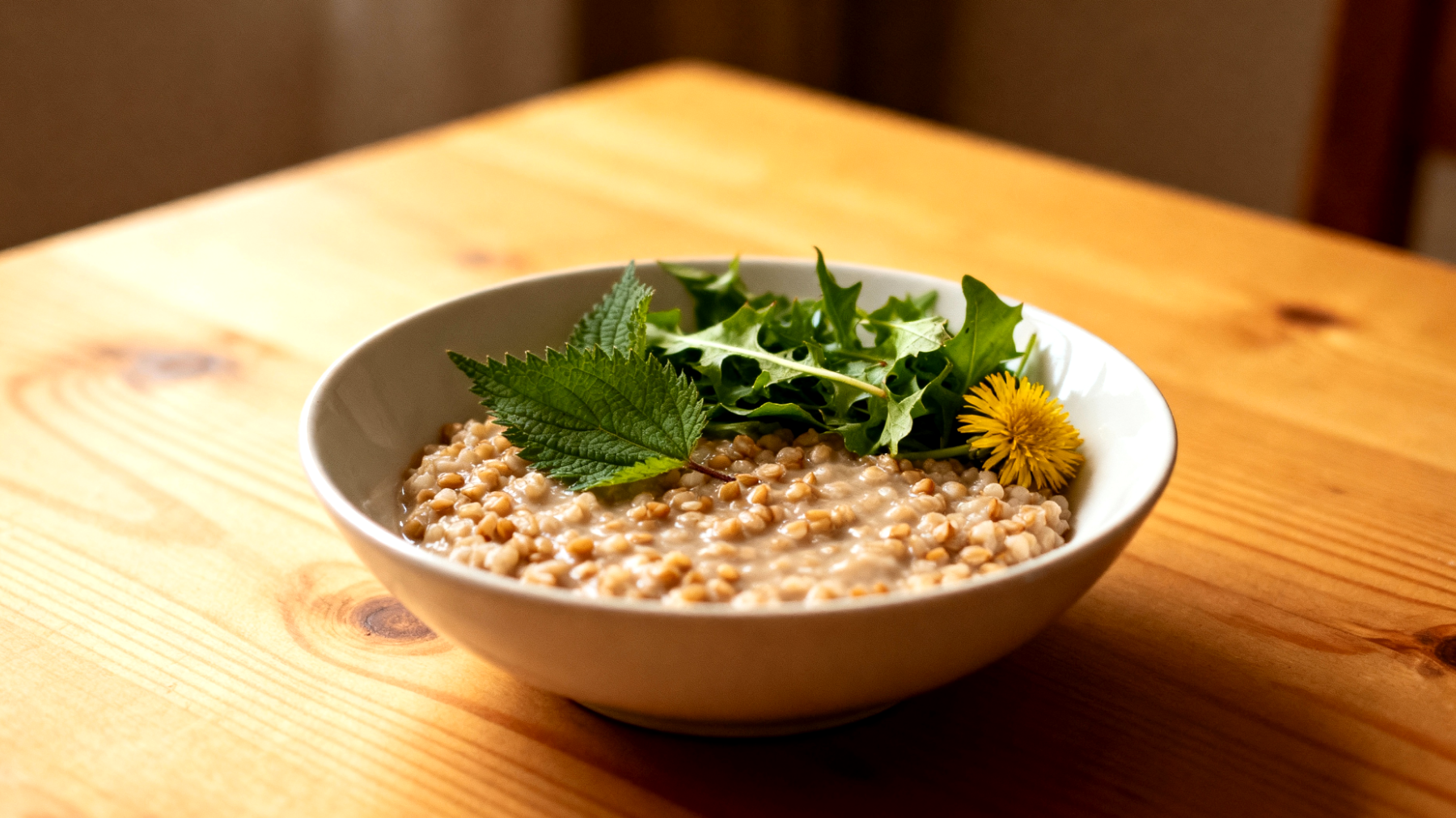 Buchweizen-Porridge mit Brennnessel und Löwenzahn"