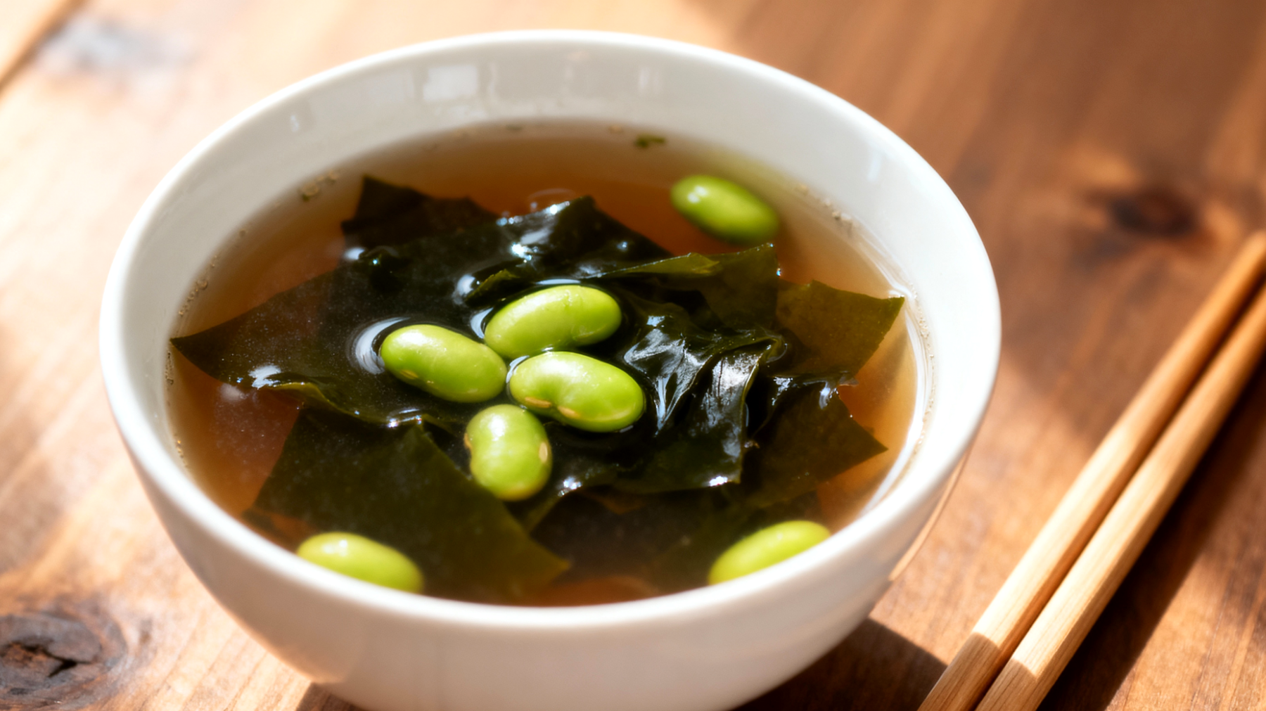 Miso-Suppe mit Wakame-Algen und Edamame"