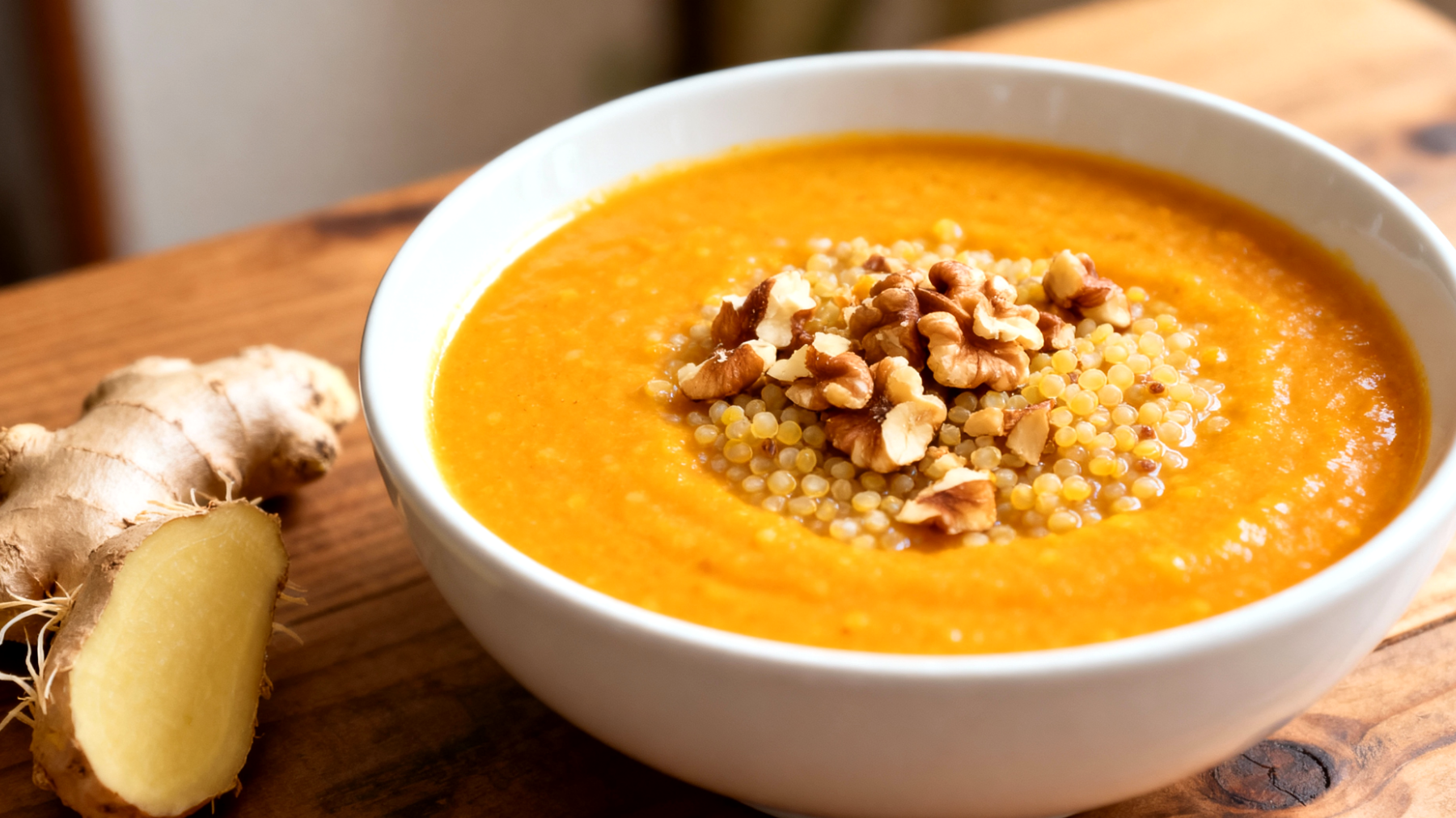 Quinoa-Kürbis-Suppe mit gerösteten Walnüssen und Ingwer"